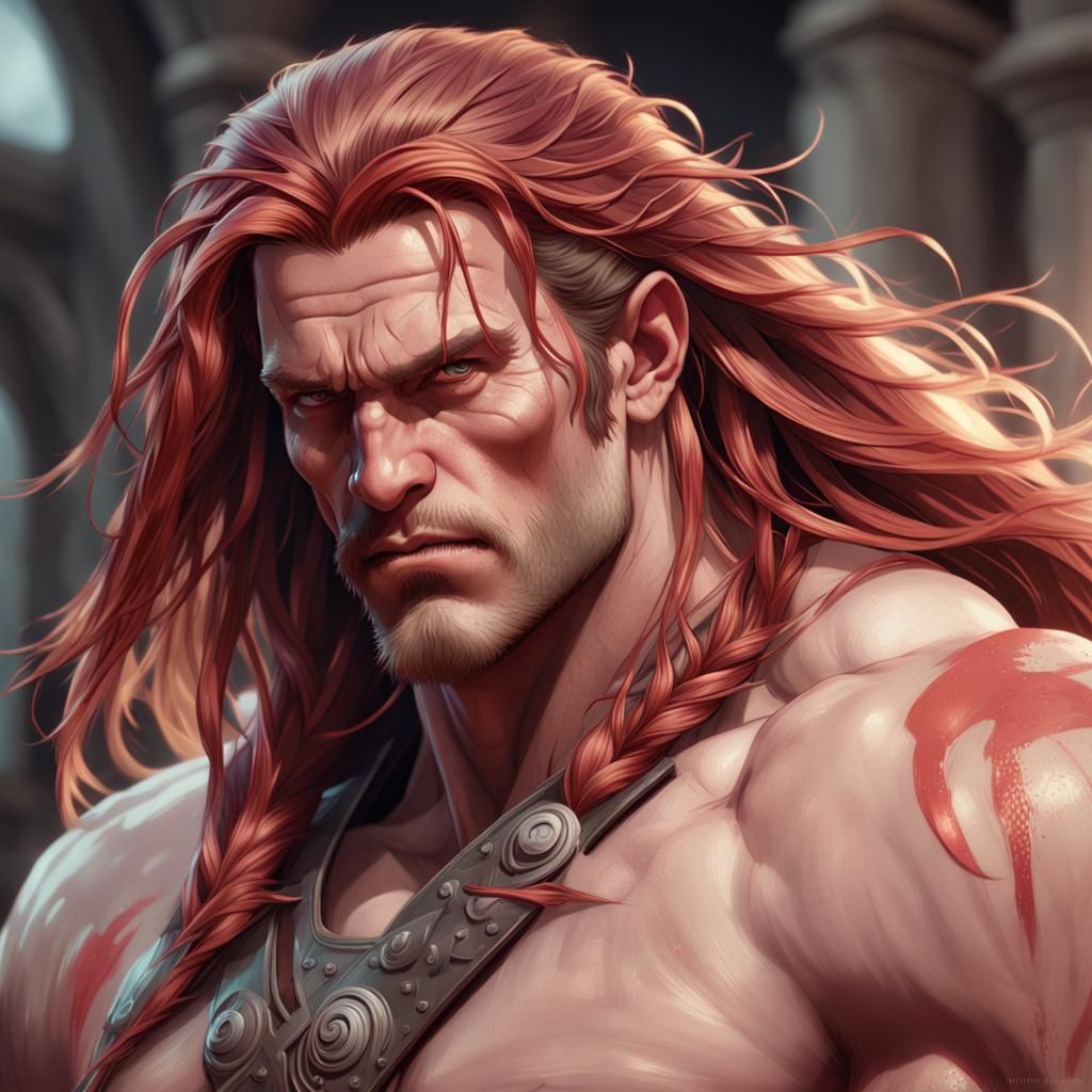 Crimson Haired Barbarian Portrait in Hyperdetailed Style