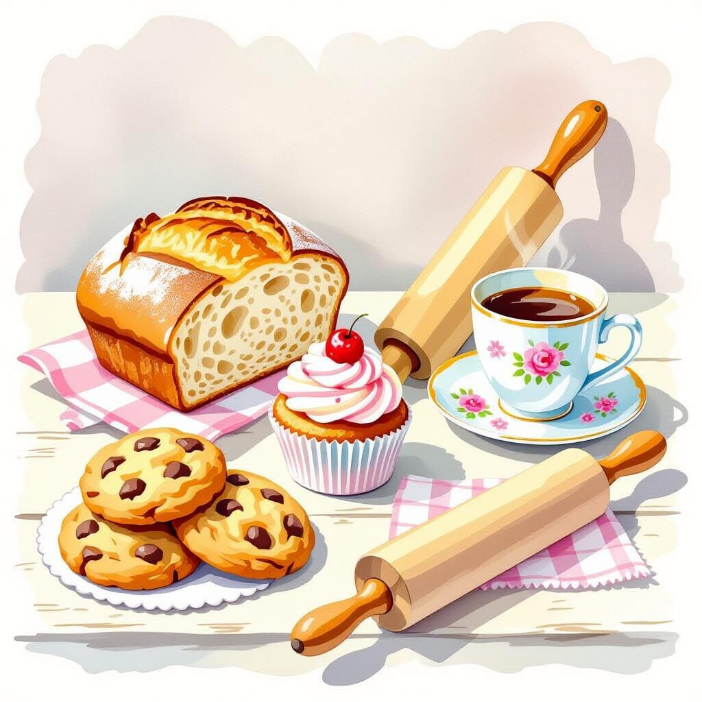 Whimsical Watercolor Bakery Collage with Pastries