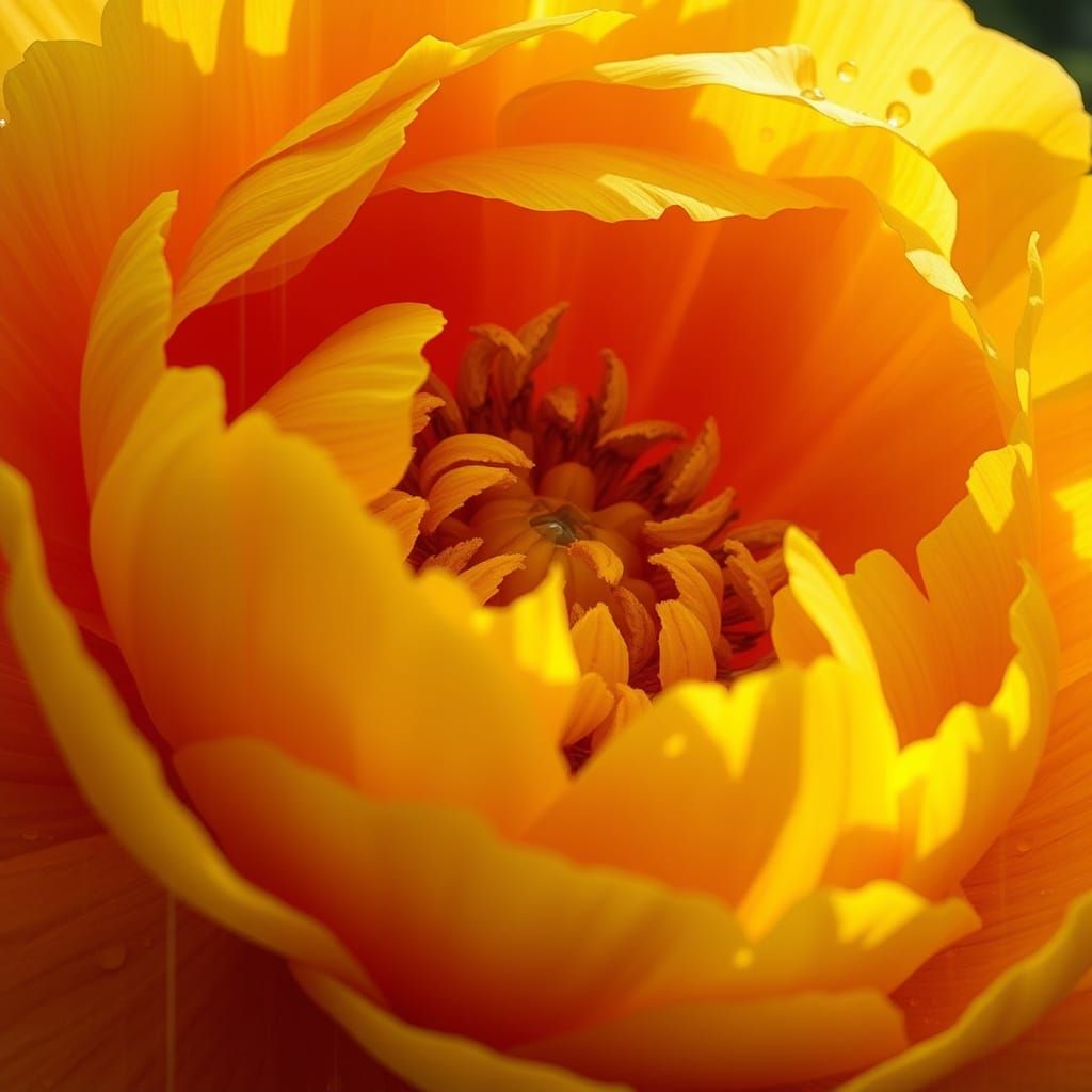 Radiant Yellow Peony with Raindrops, Detailed Digital Painti...