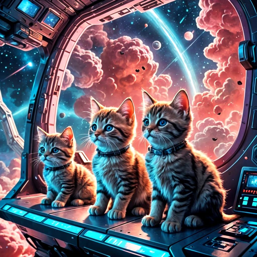 Whimsical Kittens Explore Cosmic Nebula