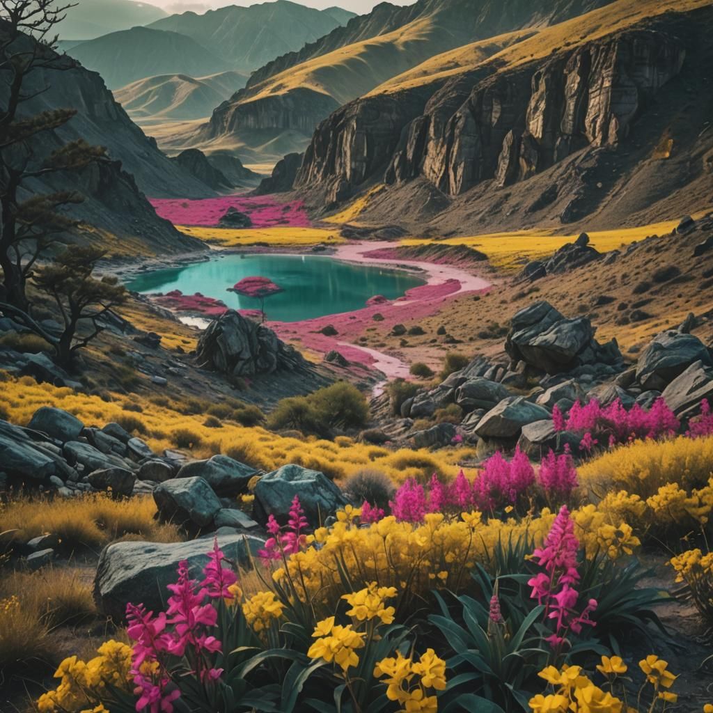 Cinematic Landscape in Aqua, Yellow, and Fuschia