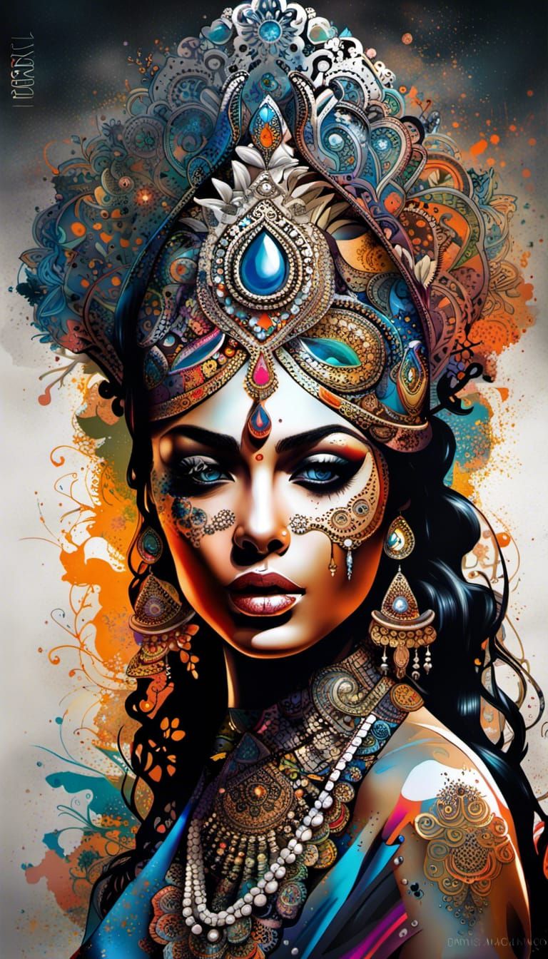 Intricate Dark Indian Bride: Stencil Contour Art