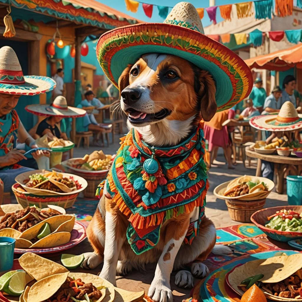 Dog in Sombrero Eating Tacos: Mexican Folk Art
