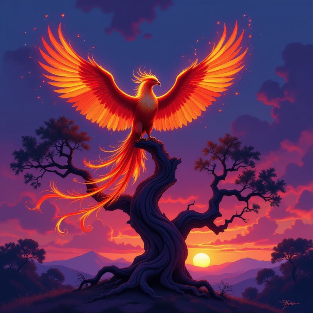 Majestic Fiery Phoenix at Twilight in Fantasy Art Style