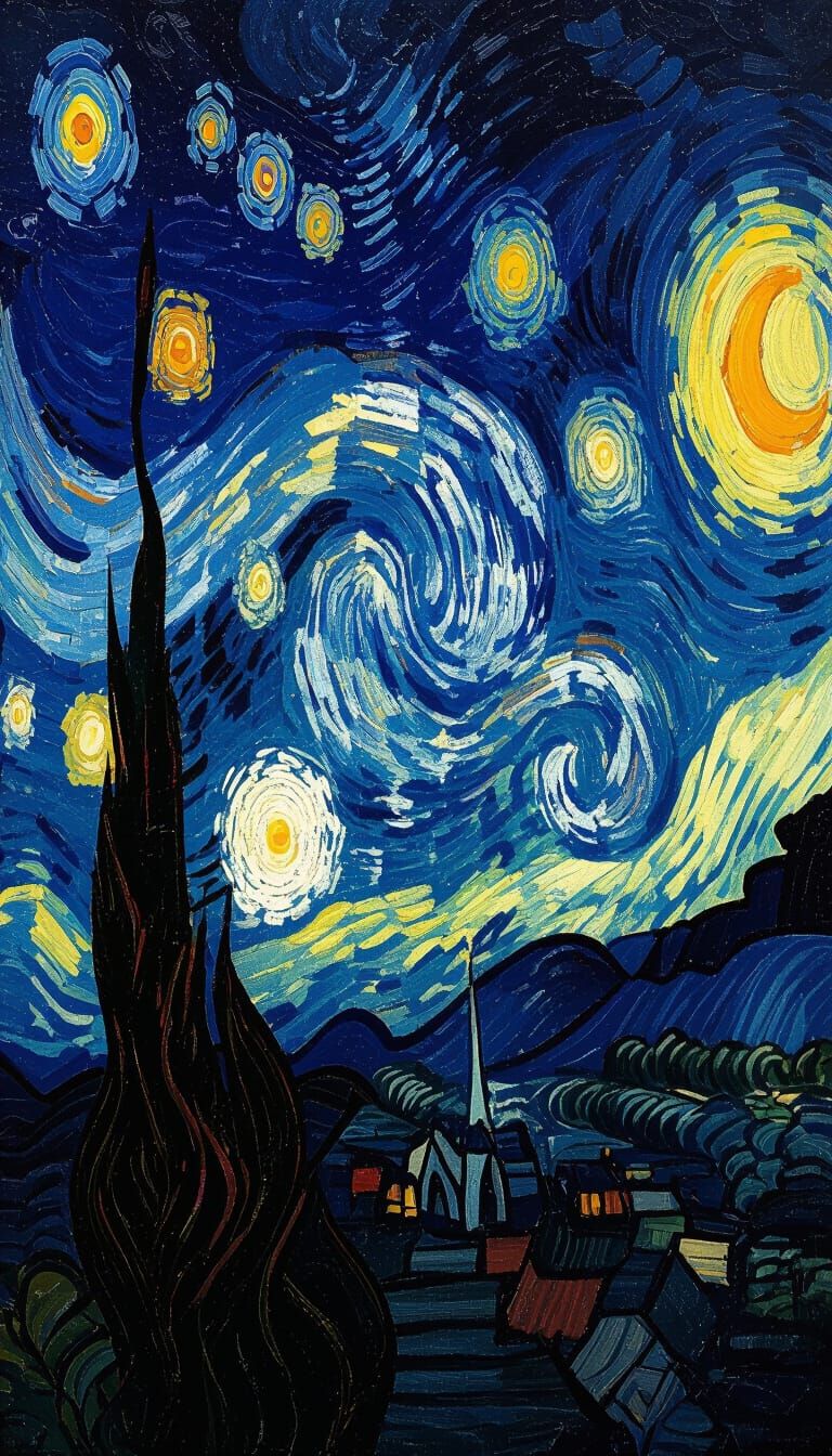 Swirling Starry Night Sky, Expressive Oil Painting