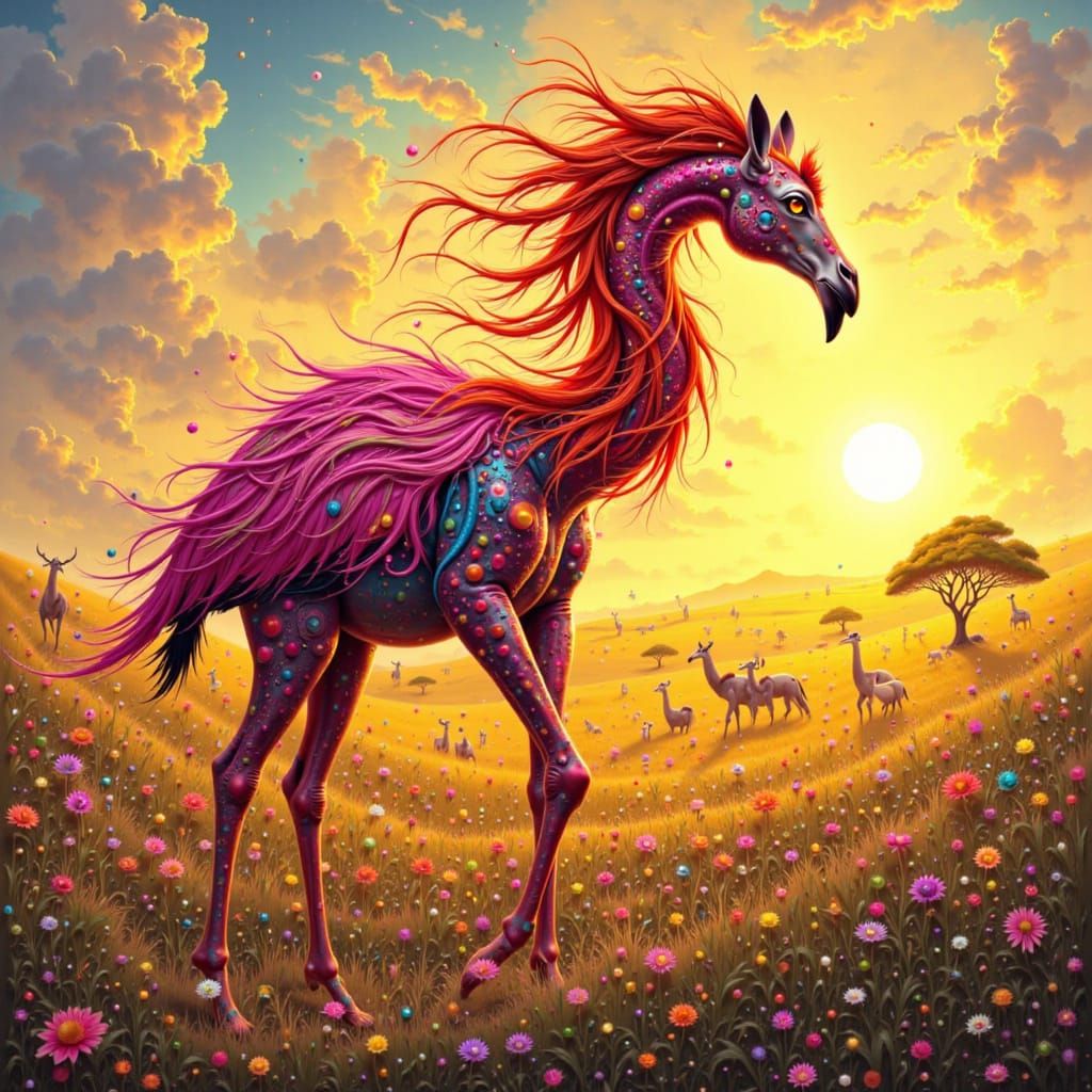 Vibrant Flamingo-Giraffe Hybrid on Savanna, Expressive Art