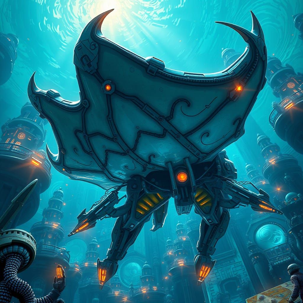 Manta Ray Mobile Suit in Underwater Cityscape