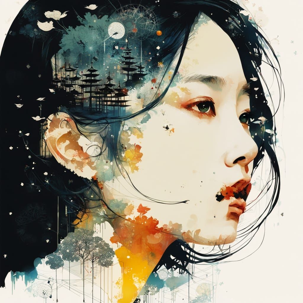 Galaxy Drips into Japanese Landscape Double Exposure