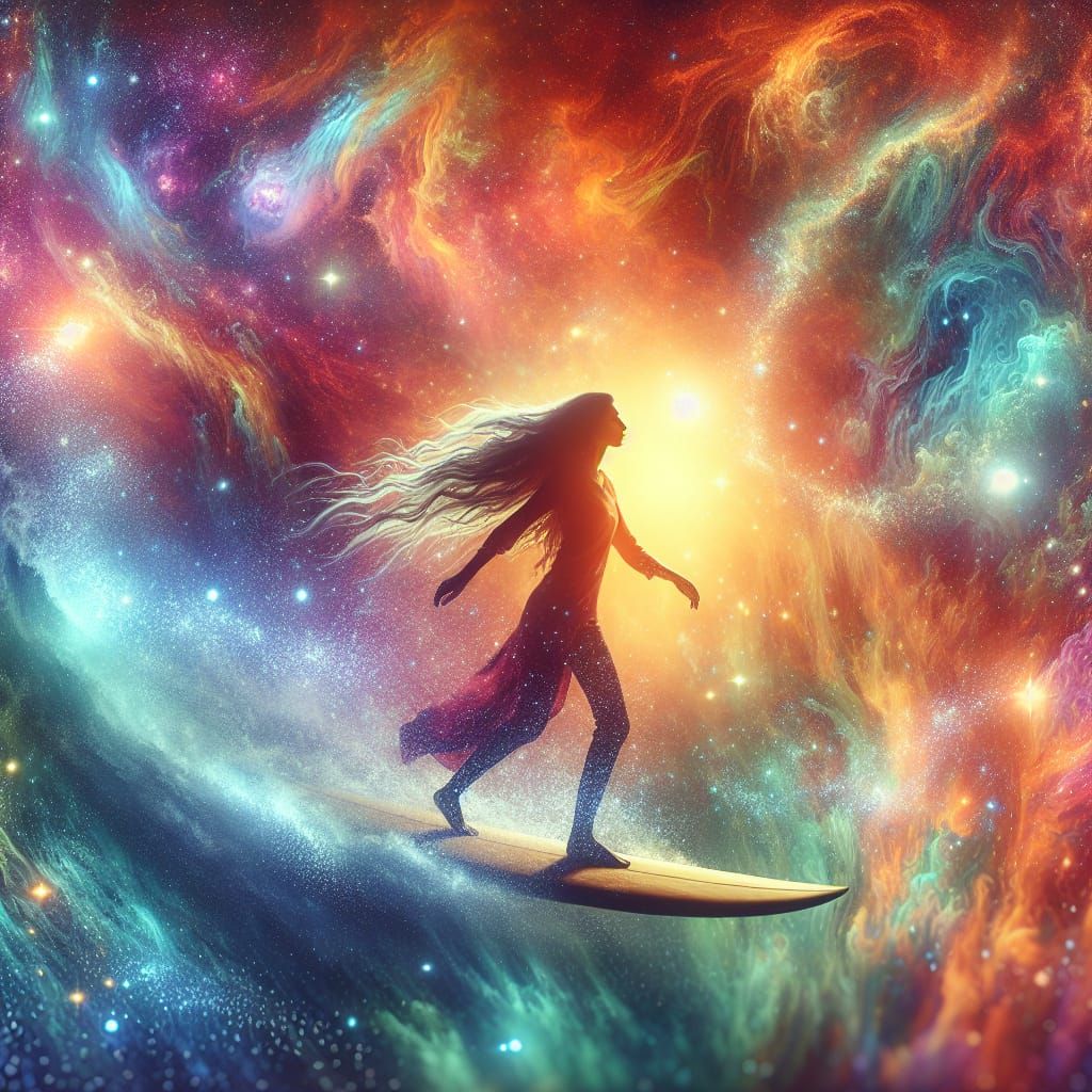 Woman Surfing Cosmic Wave in Astral Nebula