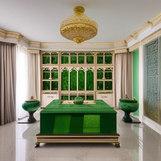 Jade penthouse with Silver walls with Jade green accents& Jade green windows& Silver curtains& Jade dragon statues with ...