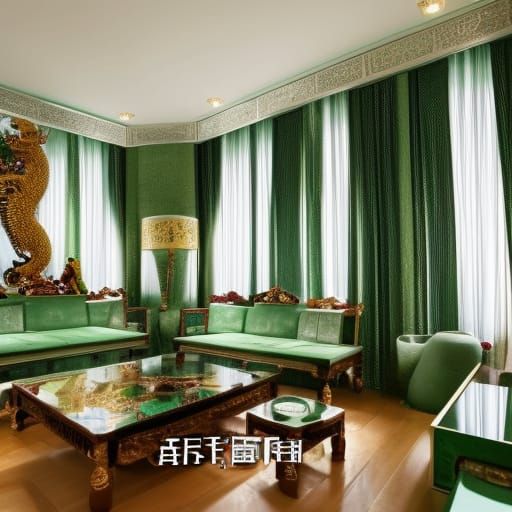 Jade penthouse with Silver walls with Jade green accents& Jade green windows& Silver curtains& Jade dragon statues with ...