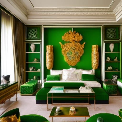 Jade penthouse with Silver walls with Jade green accents& Jade green windows& Silver curtains& Jade dragon statues with ...