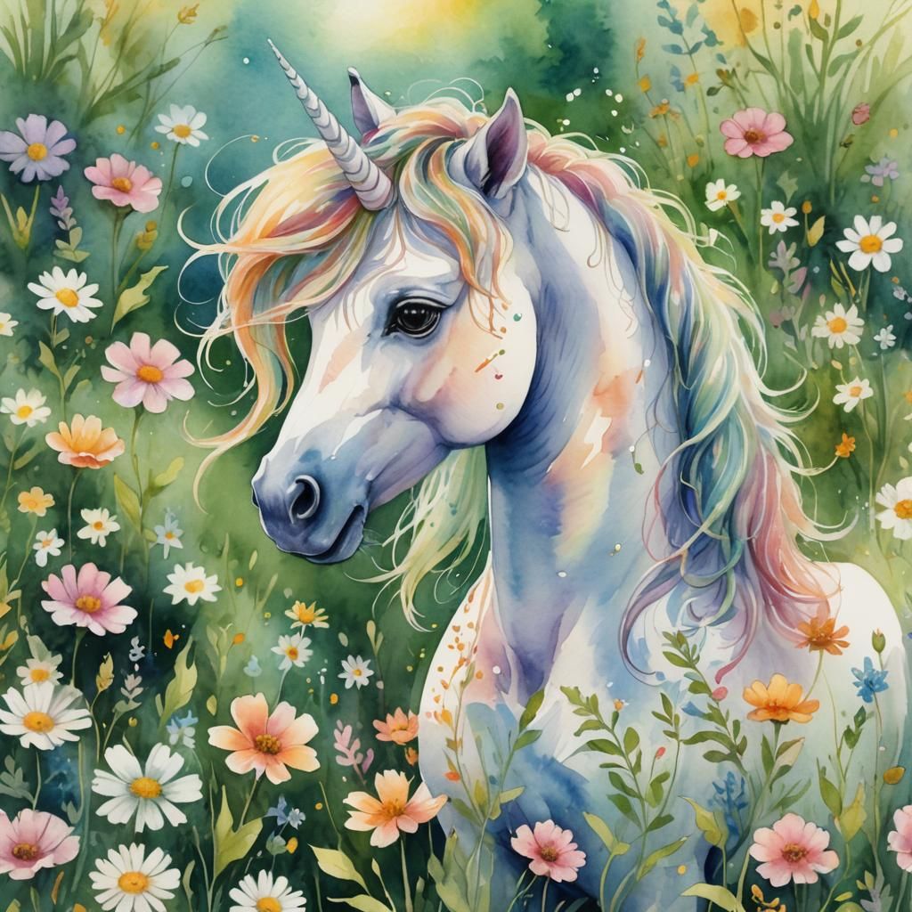 Pony Unicorn in Lush Meadow: Watercolor Illustration