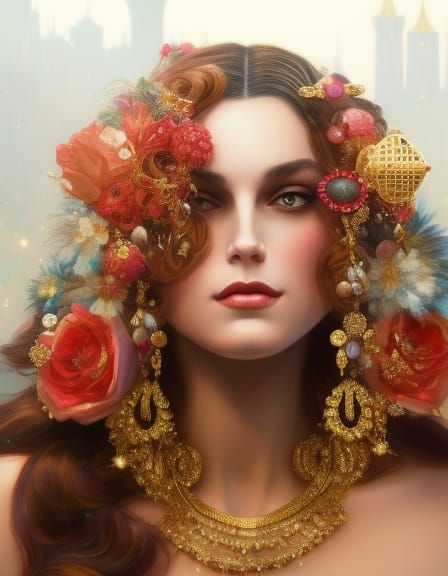 Hyperrealistic Queen Portrait with Gems and Ruby Background