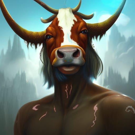 Surreal Half-Man Half-Cow in Detailed Matte Painting