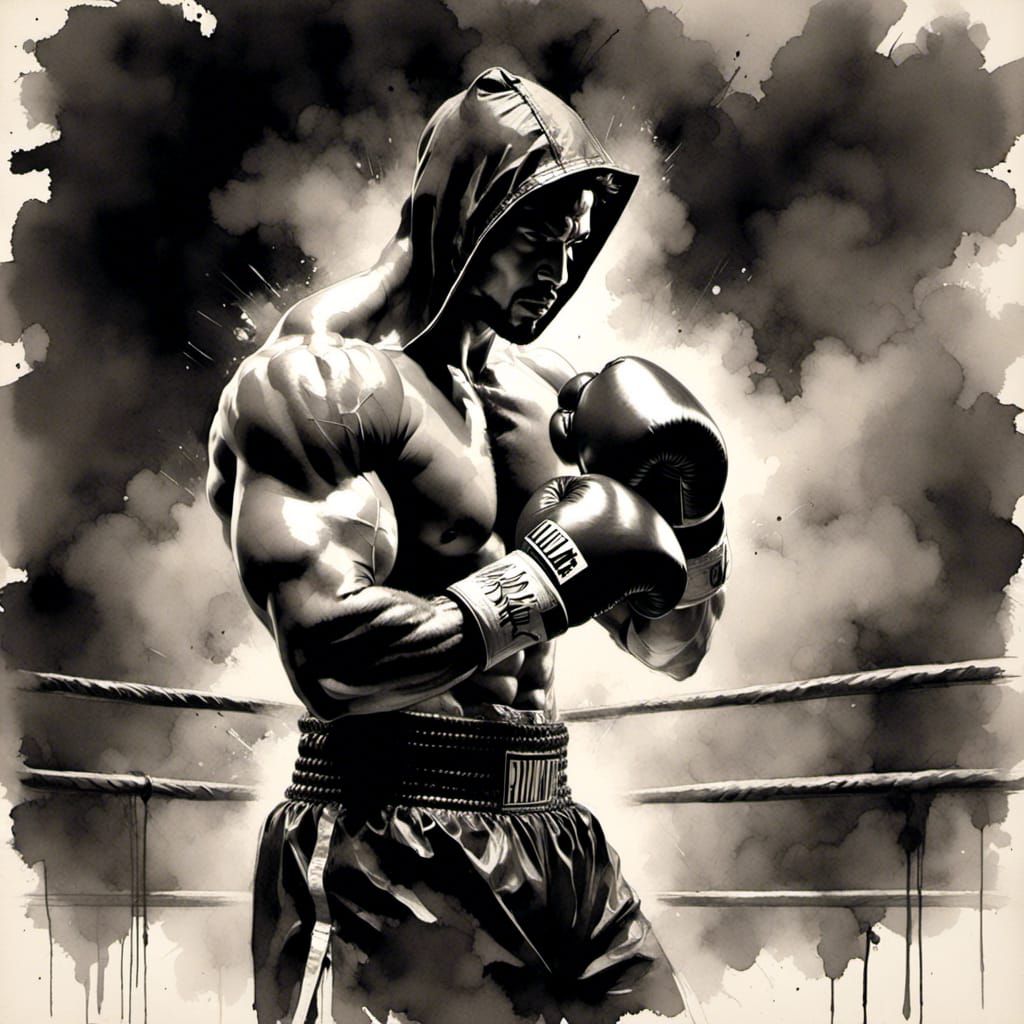 Boxer Silhouette in Boxing Ring: Charcoal Ink Art