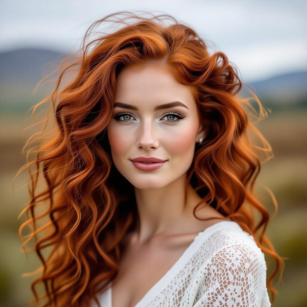 Beautiful Scotland Woman with Striking Red Curly Hair