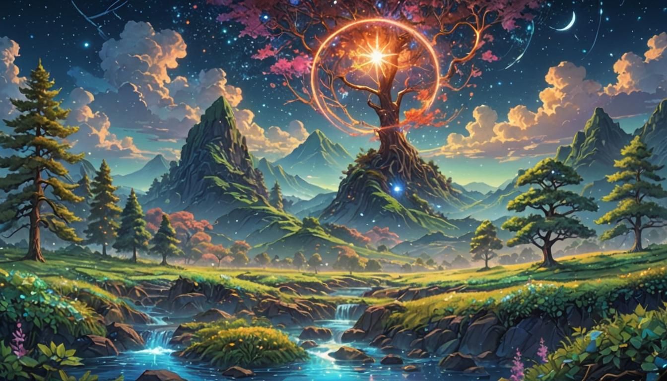 Enchanting Nightfall Tree in Vibrant 3D Anime Style