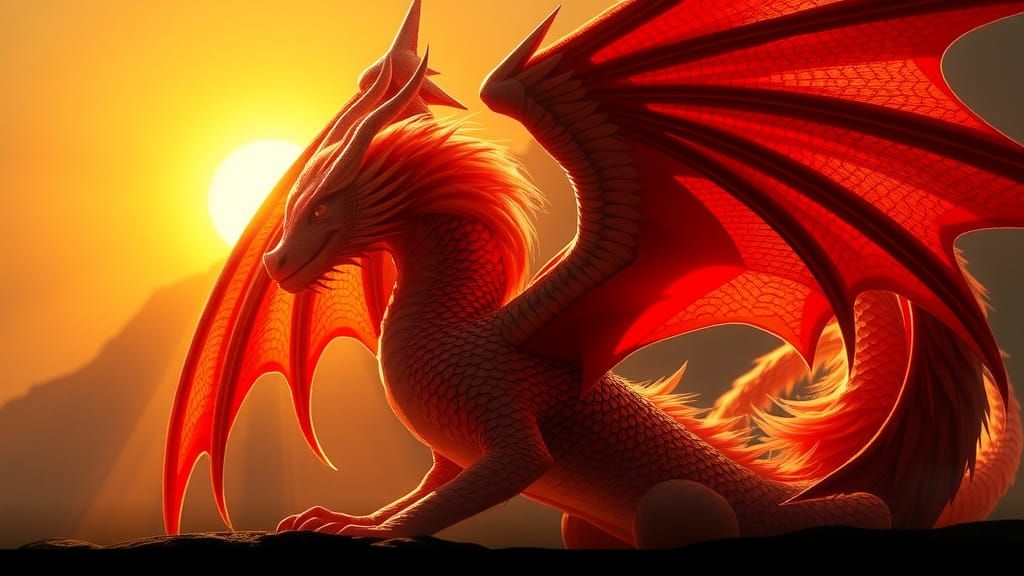 Red Fox Dragon Basking in Sunlight: Fantasy Art