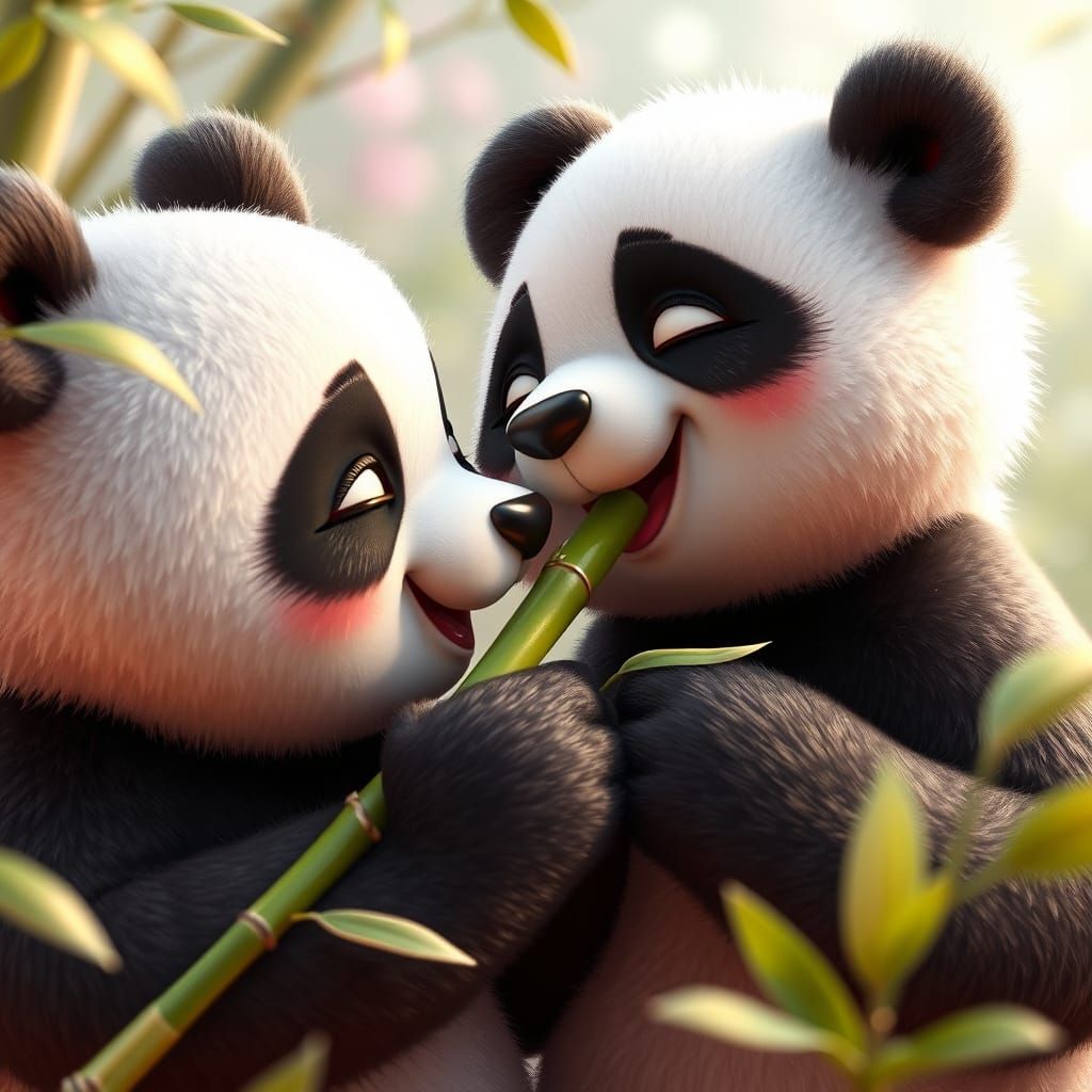 Hyper-Realistic Close-Up of Adorable Panda Couple in Vibrant...