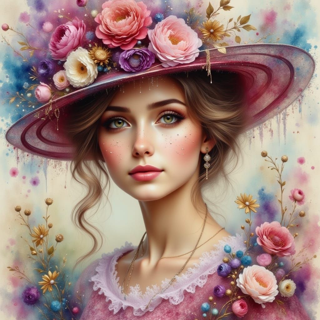 Elegant Woman with Cat in Vintage Watercolor Style