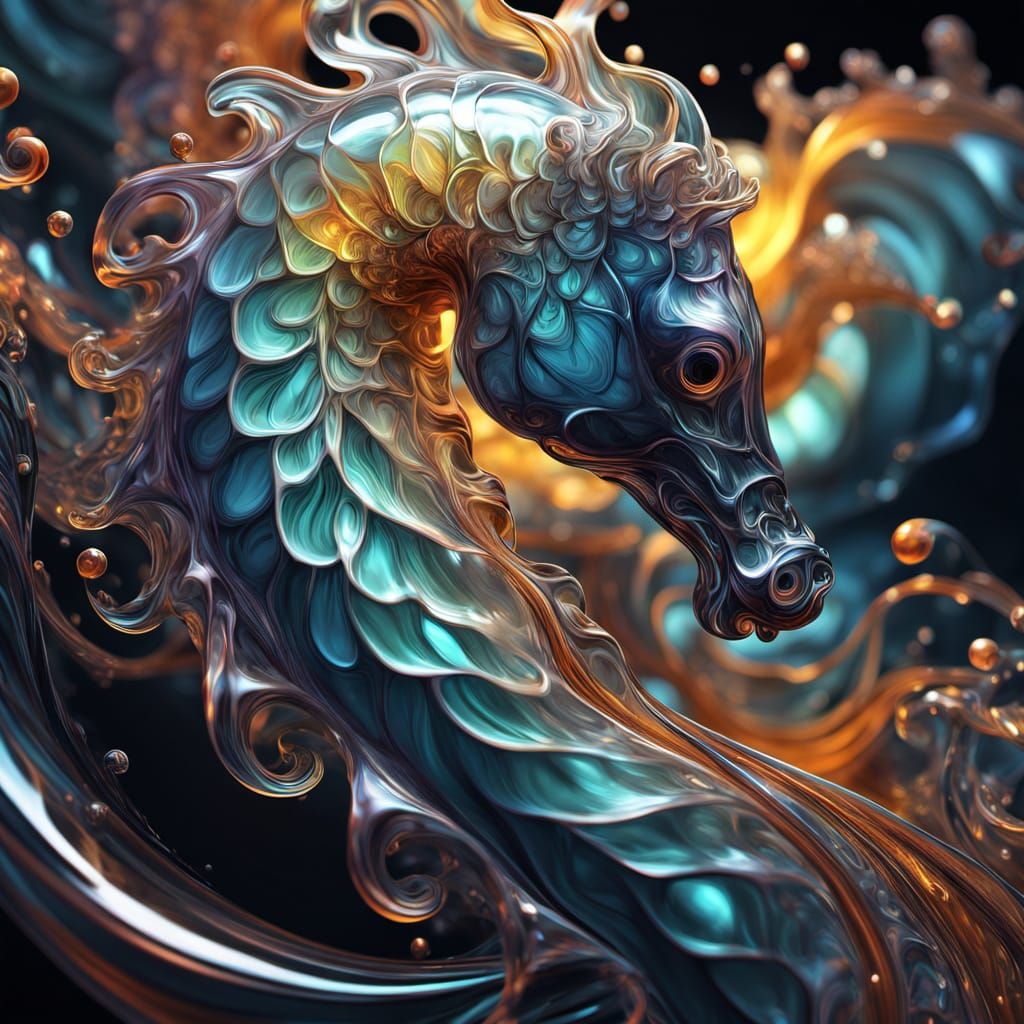 Surreal Glass Sea Horse in Iridescent Hues