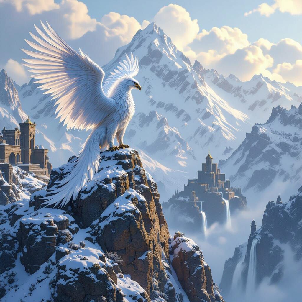Griffin Perched Atop Snow-Capped Peak in Matte Painting Styl...