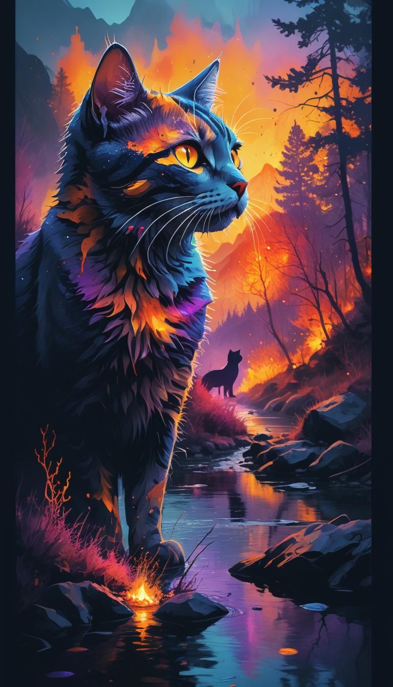 Surreal digital art. Medium shot. A cat stands at the edge of a small river, surrounded by a fiery forest, with mountain...