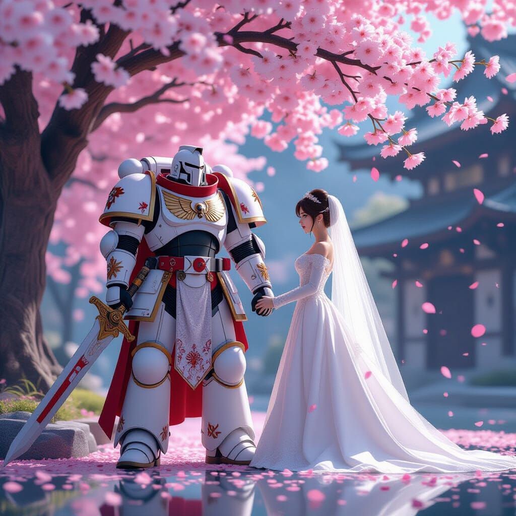 Space Marine and Bride Amidst Cherry Blossoms