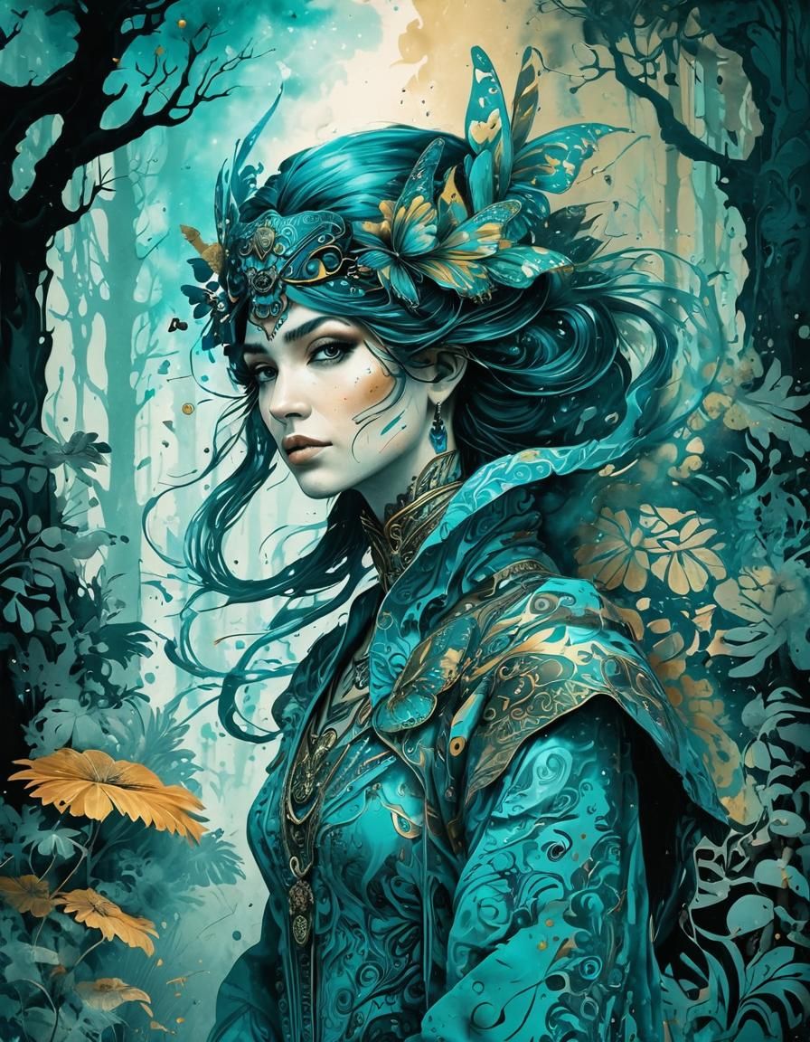 Psychedelic Ink Splatter Portrait of Woman with Butterfly Wi...