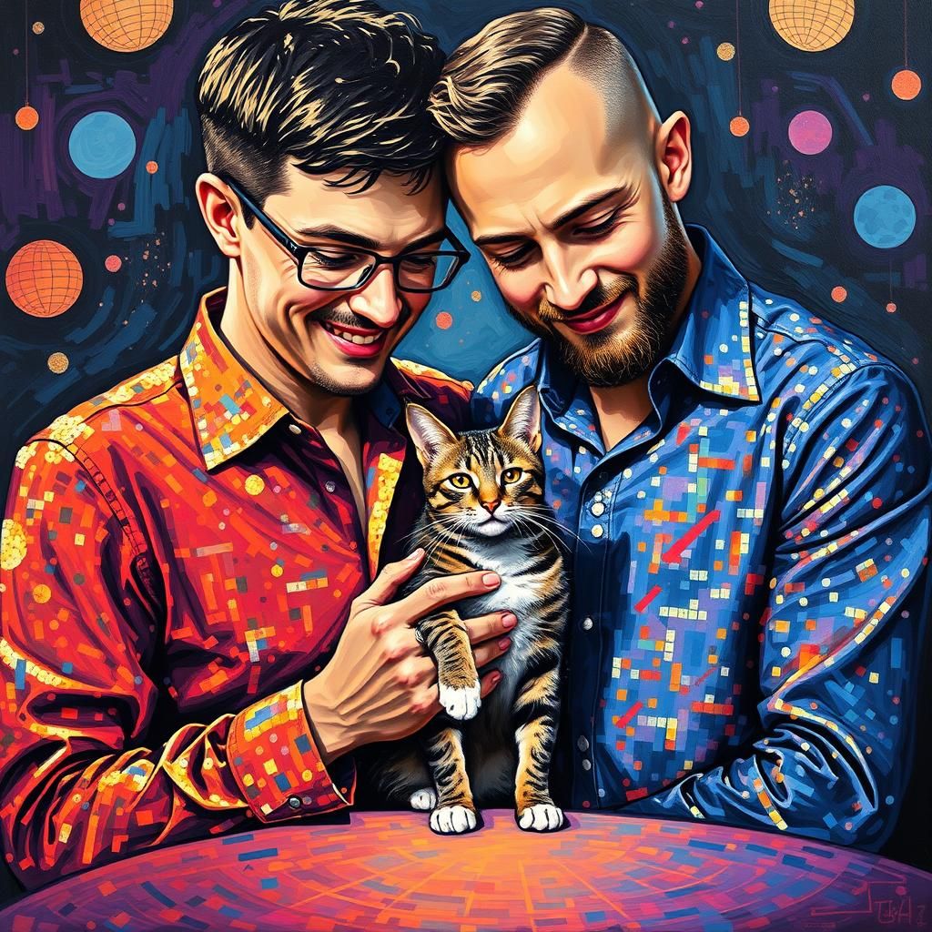 Disco Tabby Cat Portrait in Pointillist Style