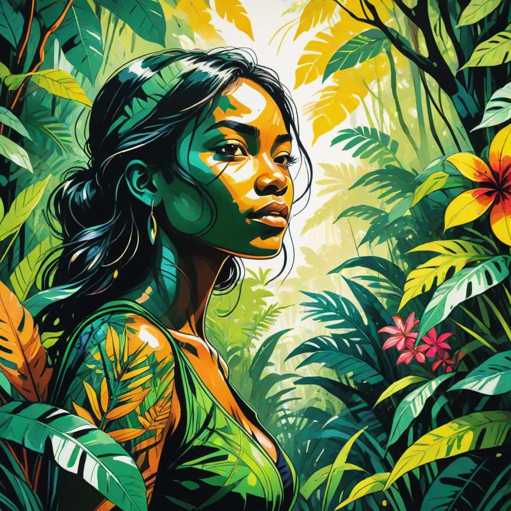 Vibrant Ink Illustration of Person in Jungle