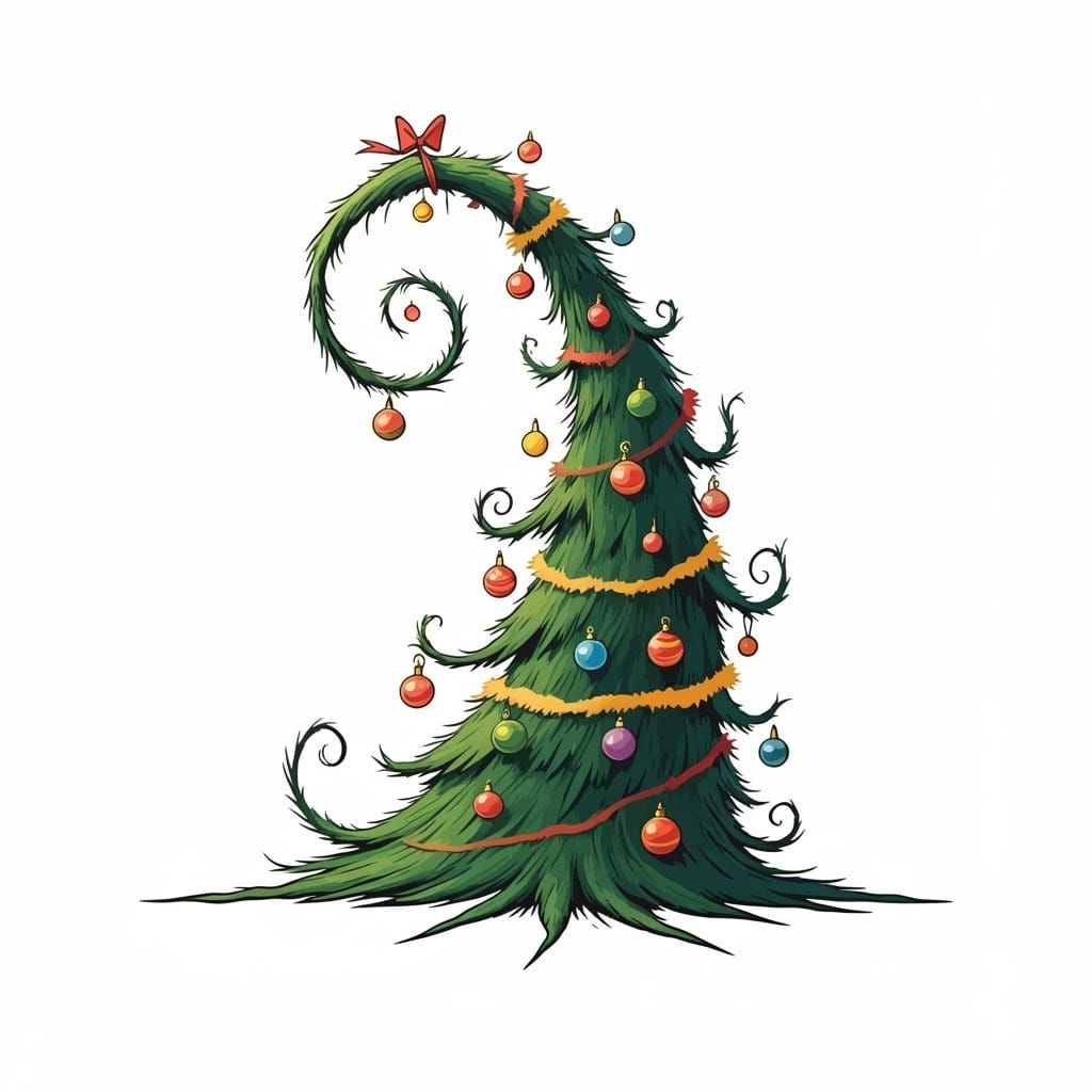 Whimsical Grinch Christmas Tree in Coloring Book Style