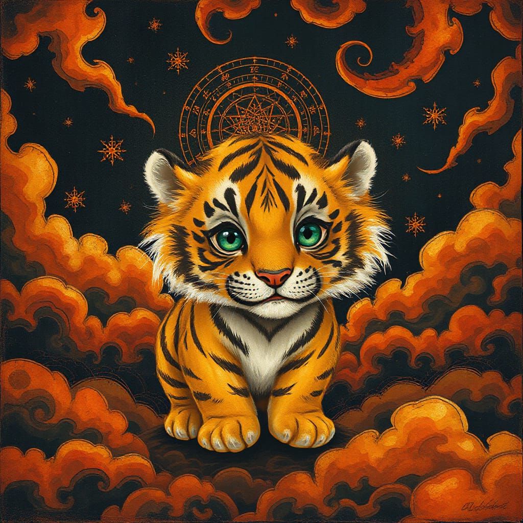 Mini Tiger in Whimsical Fantasy Landscape