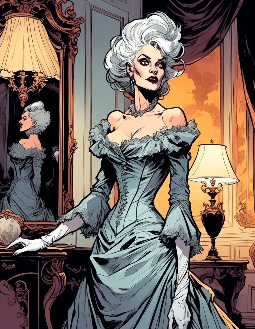 Intrigued Vampire Matriarch in Lavish Rococo Room