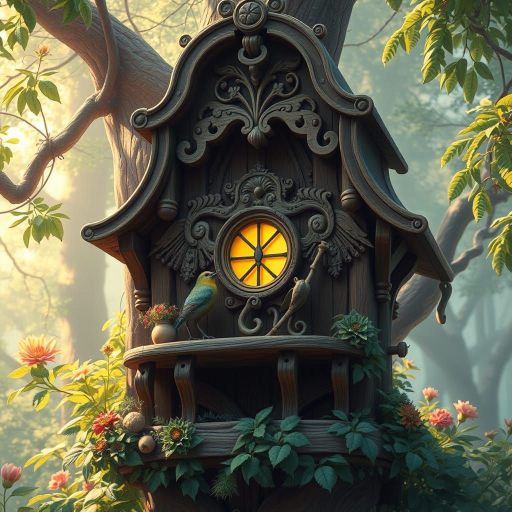 Ornate Birdhouse with Lush Greenery