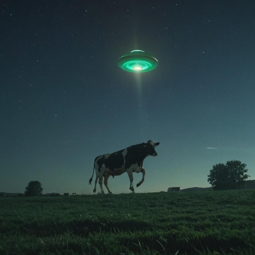 UFO Abduction of Cow in Cinematic Style