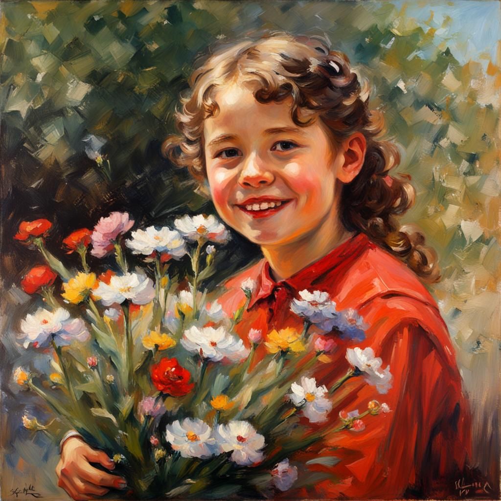 Girl with Flowers: A Realist Oil Painting