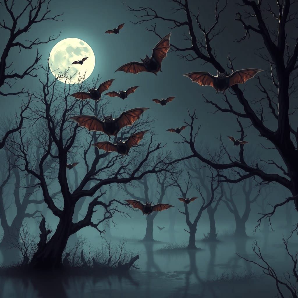 Bats Swarming Over Misty Swamp in Moonlight