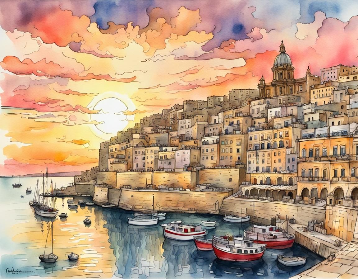 Valletta Grand Harbor Sunset in Watercolor Style