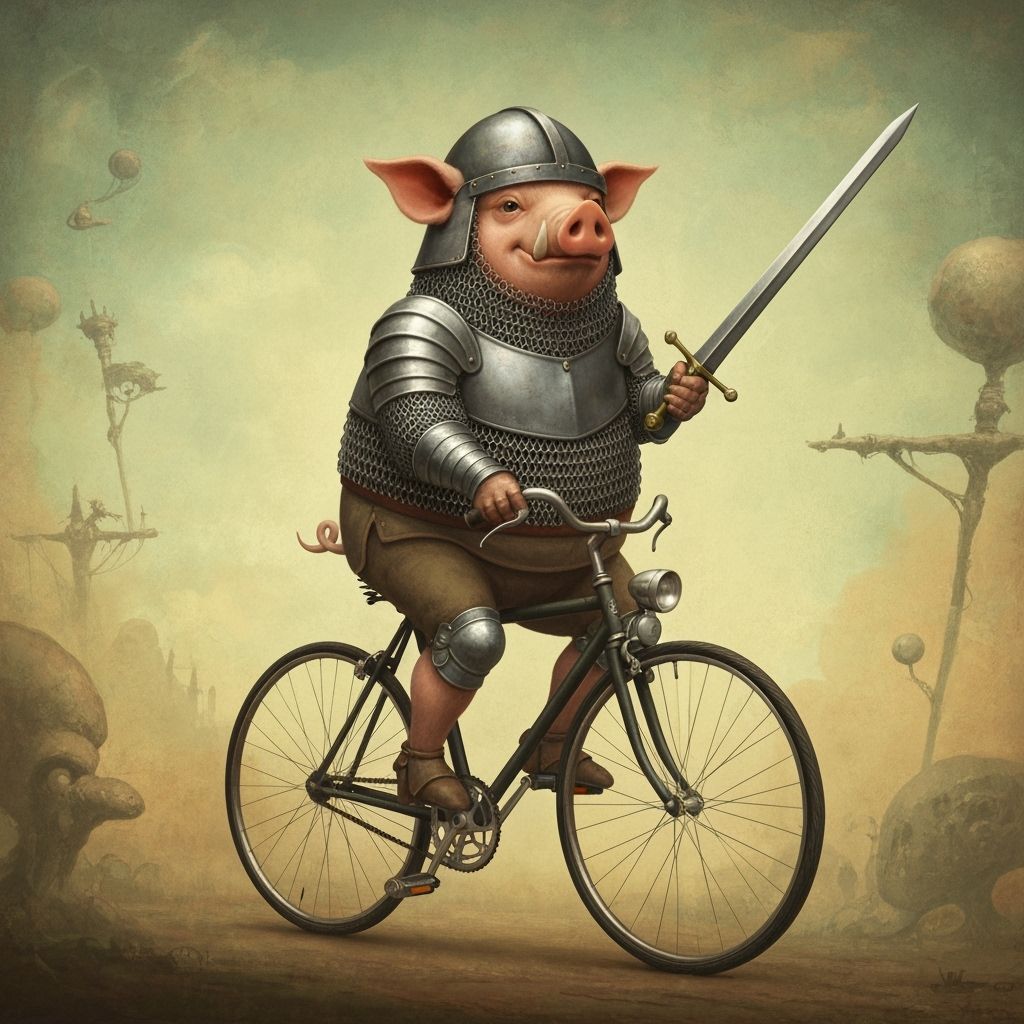 Anthropomorphic Pig Knight Rides Bicycle