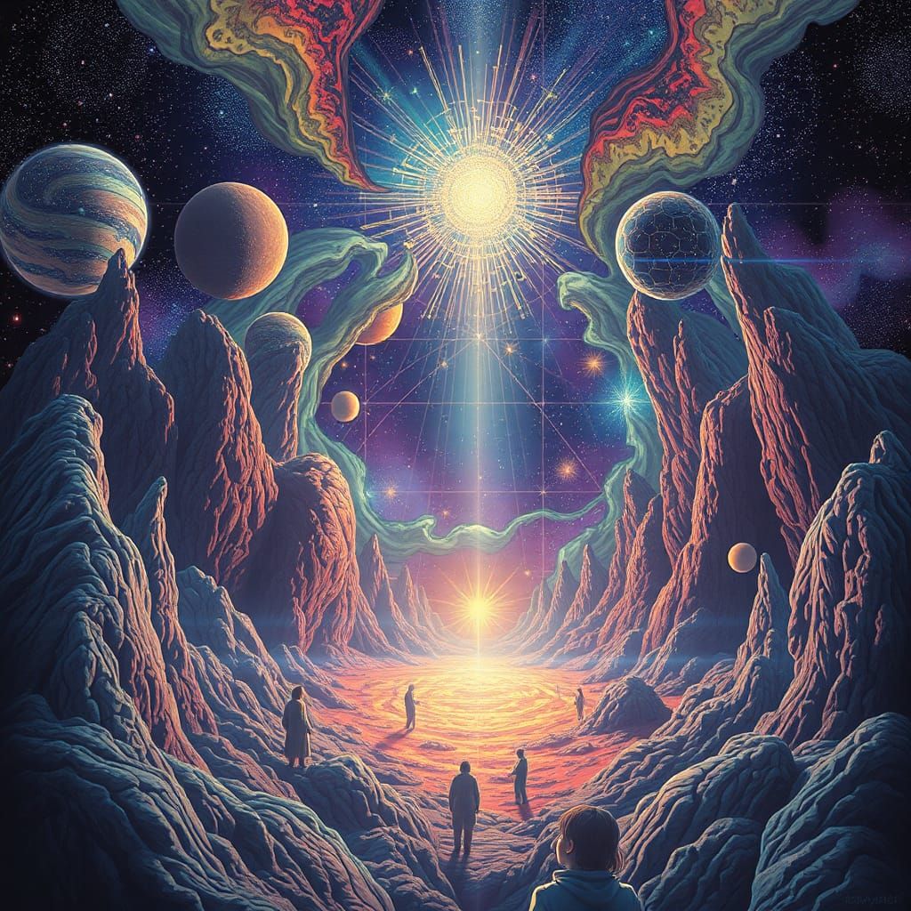 Vibrant Cosmic Dreamscape in Pablo Amaringo Style