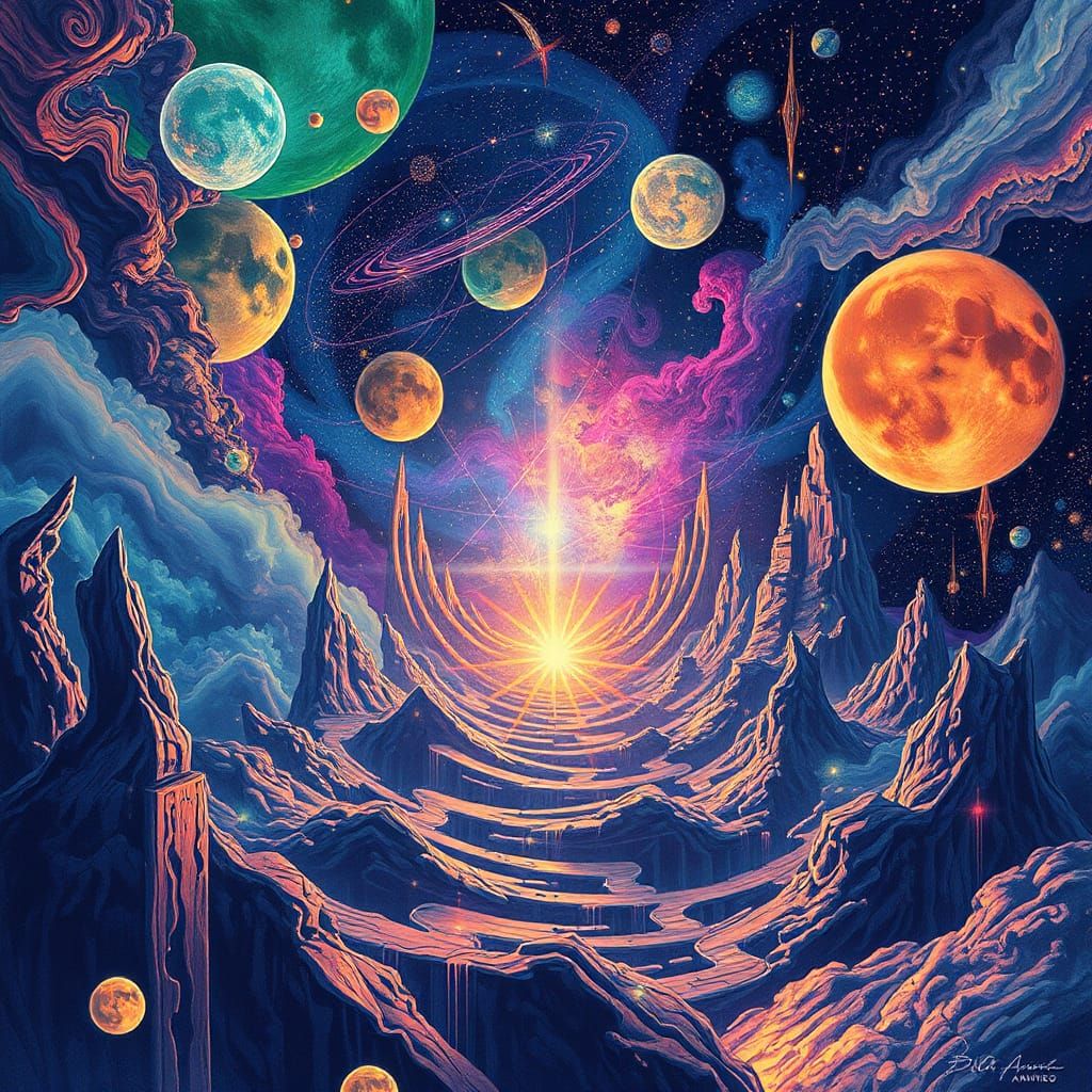 Psychedelic Cosmic Illustration in Mixed Media