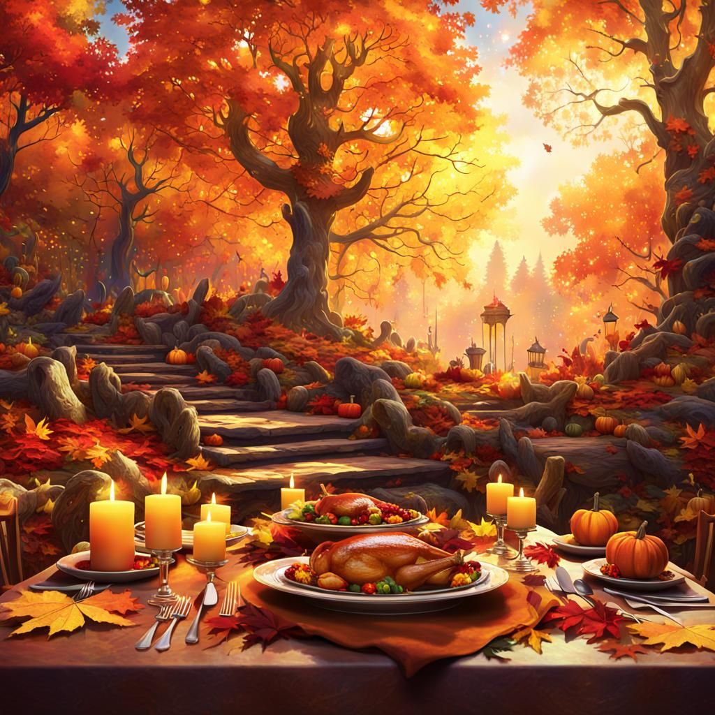 Thanksgiving Feast in Golden Autumn Forest: Fantasy Art