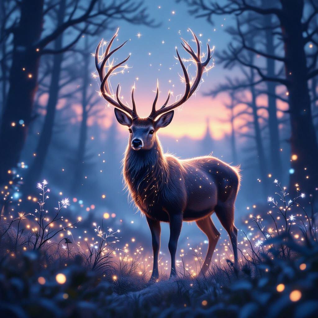 Ethereal Deer in Bioluminescent Forest
