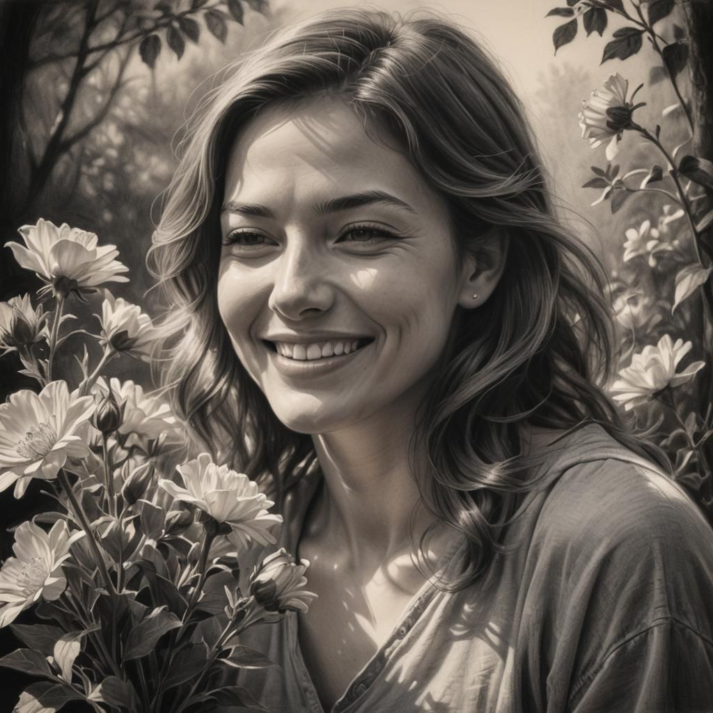 Woman Smelling Flowers: Hyperdetailed Charcoal Portrait