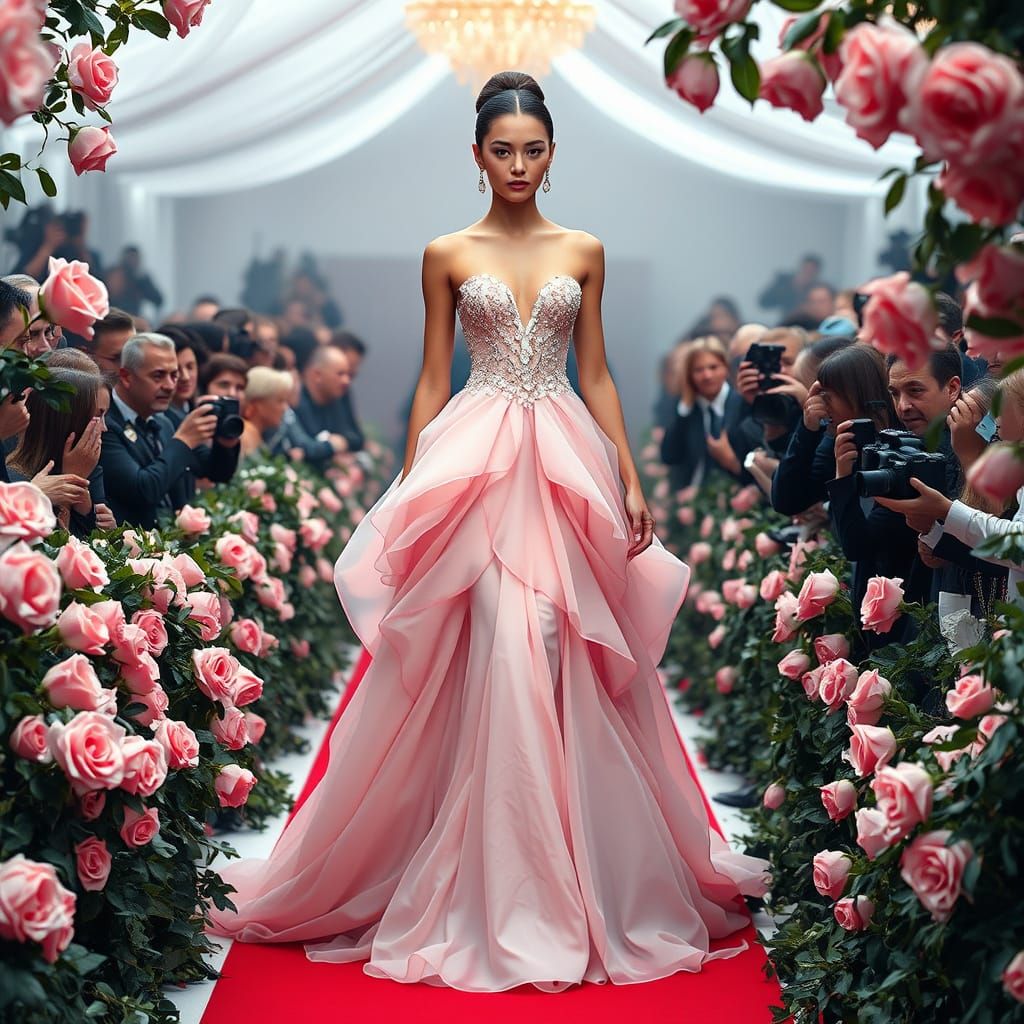 Glamorous Figure in Floral Gown on Red Carpet
