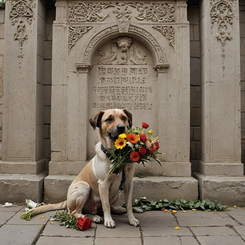 Dog's Grief: Bouquet at Master's Tomb