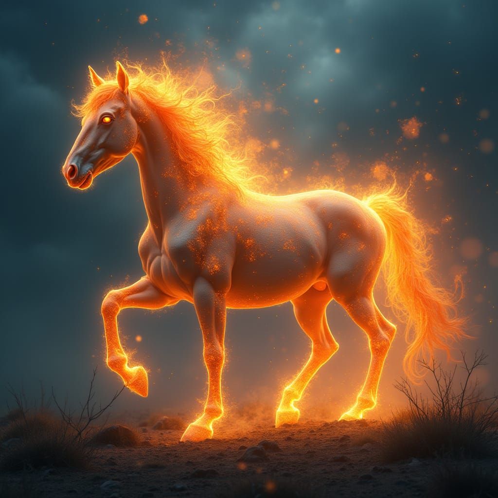 Majestic Horse in Ethereal Flames Illuminates Darkened Lands...