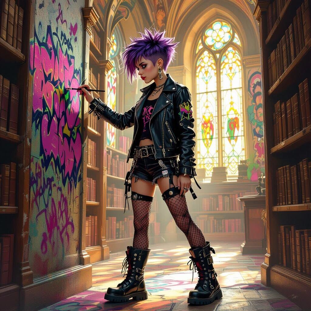 Punk Girl Paints Graffiti in Art Nouveau Library